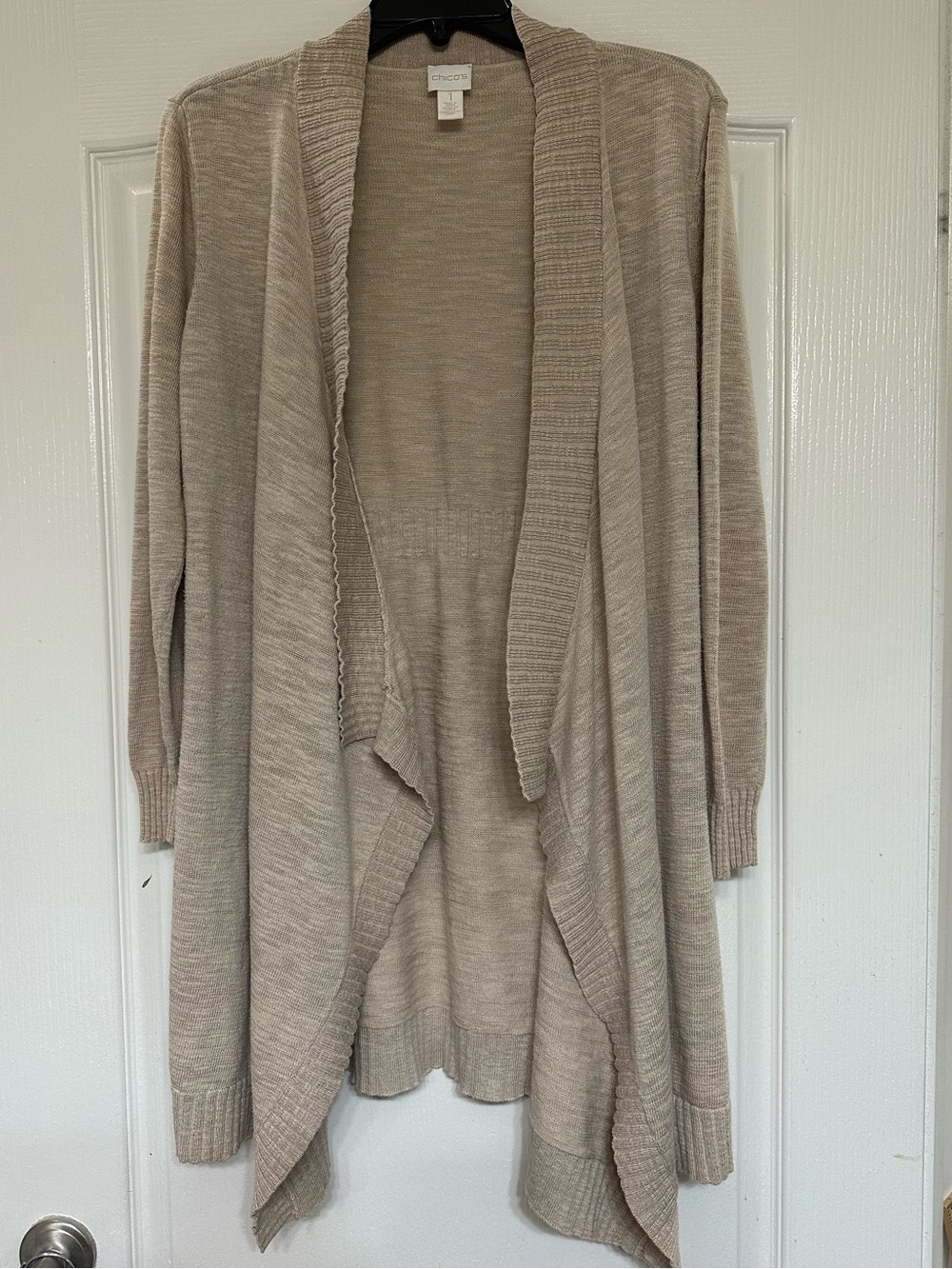 Chico's Open-Front Long Summer Waterfall Cardigan in Oatmeal Taupe size 1 medium